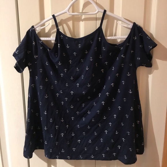 Navy blue open shoulder top with white anchors - Picture 2 of 3